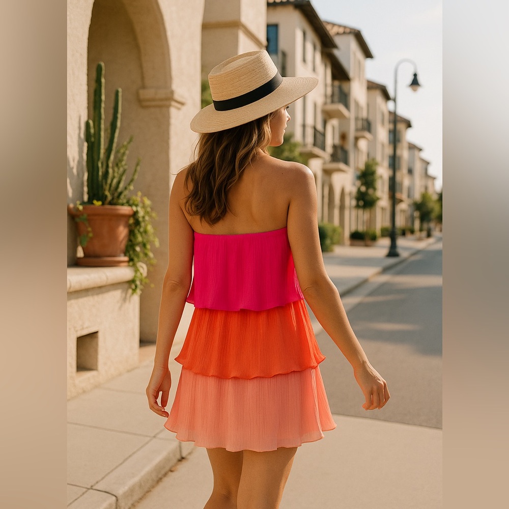 Strut & Bolt Women Pleated Strapless Tiered Large Dress in Colorblock Pink/Coral - Picture 2 of 7